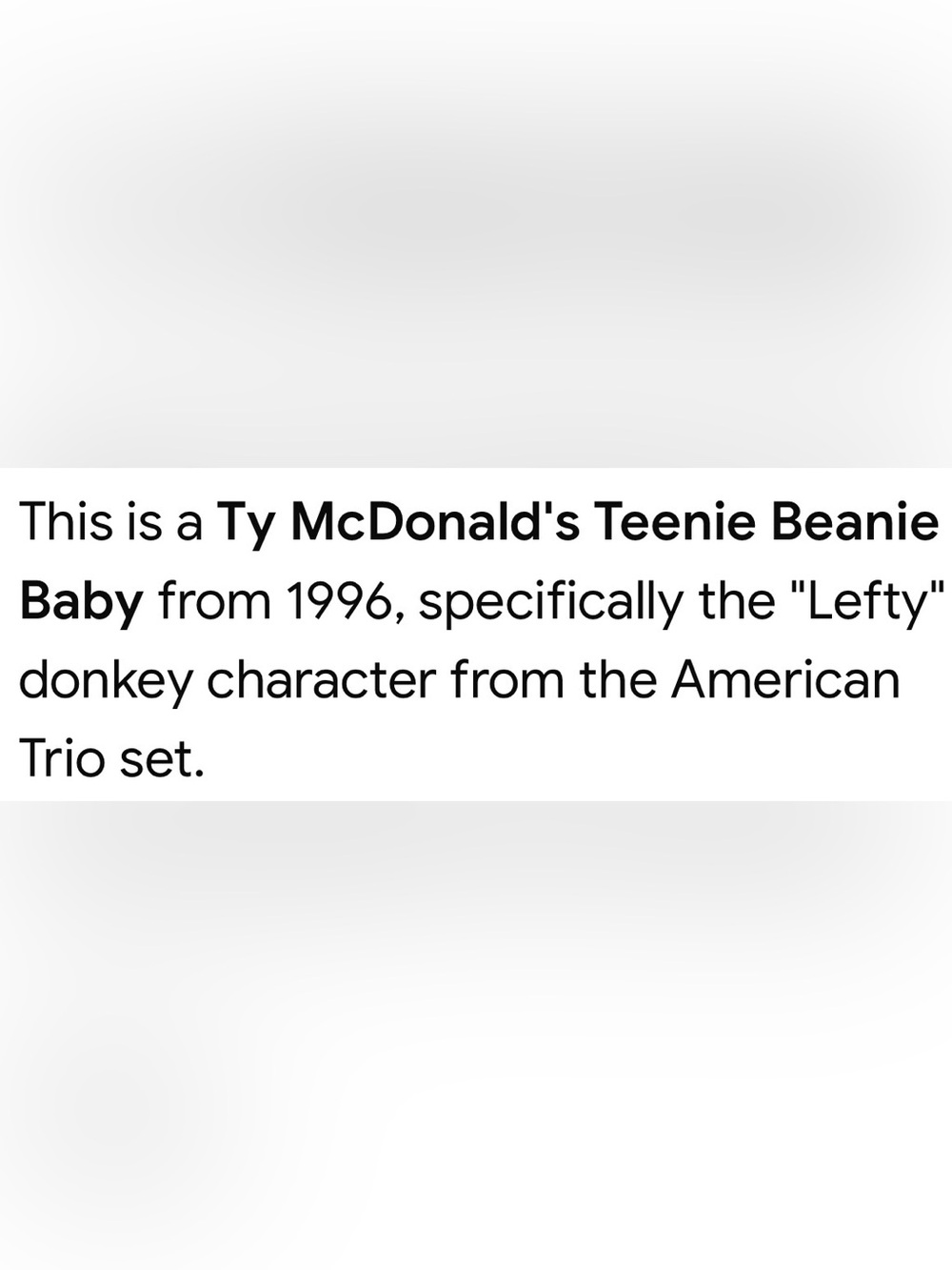 Ty McDonald's Teenie Beanie Baby from 1996, “Lefty" donkey character - Picture 3 of 3
